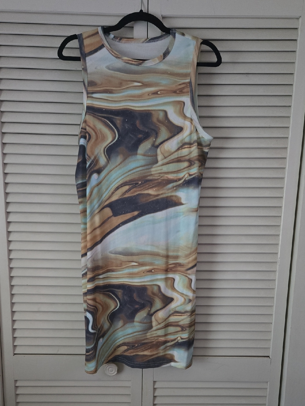 SHEIN Marble-Print Sleeveless Bodycon Dress in Brown, Blue, Cream
